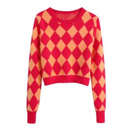 Evfer Womens 2021 Za Fashion Argyle Knitted Pullover Tops Female Casual O-Neck Long Sleeve Red Sweaters Hot Girls Slim Knitwear Y1110
