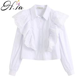 H.SA Summer Blouses Ruffules Blusa and Long Sleeve Hollow Out Loose Tops Turn Down Collar Casual White Blusas 210417