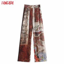 Tangada Women Retro Floral Print Long Pants Trousers Vintage Style Strethy Waist Lady Pants Pantalon 3H568 210609