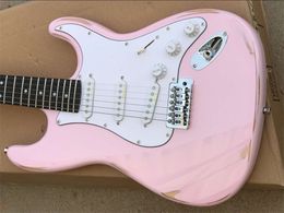 Custom Shop Relic Aged Pink Electric Guitar Rosewood Fingerboard Tremolo Bridge Whammy Bar Vintage Tuners HSS Pickup