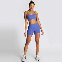 2 Pieces Women Gym Yoga Set BacklCrop Top Short Female Tracksuit FitnTraining Plus Size Workout Outfit New 2021 X0629