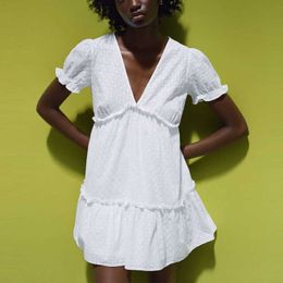 ZA Women Openwork Embroidered Summer Dress Short Puff Sleeve Ruffle Hem White Mini Dresses Chic Embroiderey Backless Dress 210602