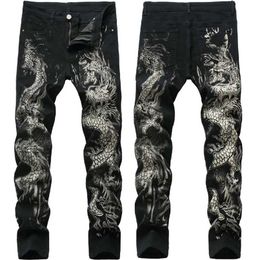 men's Chinese trendy dragon black skinny jeans stretch comfortable fashion hip-hop pants Streetwear print trousers 211108