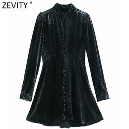 Zevity Women Vintage Stand Collar Flower Print Buckles Mini Dress Femme Chic Pleats Velvet Party Vestido Casual Cloth DS4881 210603