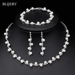 BLIJERY Fashion Simulated Pearl Crystal Bridal Simple Women Choker Necklace Earrings Bracelet Wedding Jewelry Sets