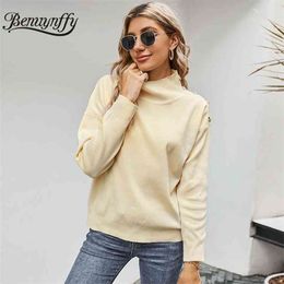 Turtleneck Knitted Sweater Women Autumn Winter Shoulder Button Drop Long Sleeve Fashion Slim Fit Female Pullover 210510