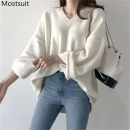 Korean Oversized V-neck Knitted Pullover Sweater Women Winter Long Sleeve Loose Fashion Ladies Tops Jumpers Femme 210513