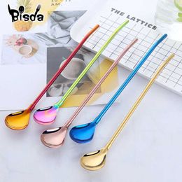 cocktail stirrer straws Canada - Drinking Straw Spoon Long Handle Bar Drinkware 18 10 Stainless Steel Cocktail Stirrer Spoon with Gift Cleaner Brush Rainbow Y0707