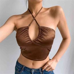Brown Y2K Aesthetic Satin Halter Crop Tops Women Fashion New Hit Summer Backless Sleeveless V Neck Sexy Cami Party Club 210407