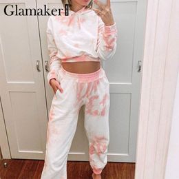 Glamaker Womens clothing co ord set casual summer long sleeve outfits suit sets pink tie dye crop top 2 piece set top and pants X0428