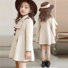 Girl's Woolen Long Coat Jacket Autumn Winter Korean Version Big Teenage Plus Velvet Thick Luxury Design High Quality 211204