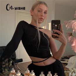 CNYISHE Sexy One Shoulder Hollow Women T-shirt Tees Black Streetwear Casual Elastic Crop Tops Spring Cropped Shirts Blusas 210419