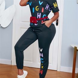 Classic Letter Printed Casual Home Wear Tracksuit Two Piece Outfits For Women Sets Summer Pullover Tee Sweatpants 210525