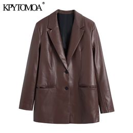 KPYTOMOA Women Fashion Faux Leather Blazer Coat Vintage Long Sleeve Welt Pockets Female Outerwear Chic Veste Femme 211122