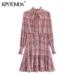 Women Fashion With Bow Tied Printed Ruffled Mini Dress Long Sleeve Side Zipper Female Dresses Vestidos 210420