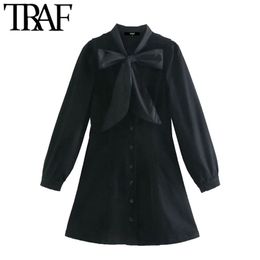 TRAF Women Chic Fashion With Bow Tied Fitting Mini Dress Vintage Long Sleeve Button-up Female Dresses Vestidos Mujer 210415