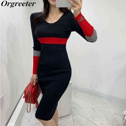 2019 New Fall Winter Sweater Dress Women Fashion V-neck Full Sleeve Colour Patchwork Sheath Knitted Dress Vestidos Female G1214