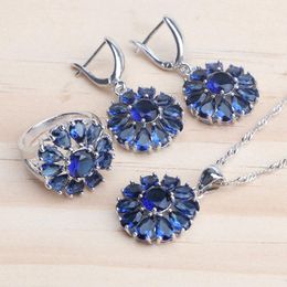 Bridal Women Accessories Silver 925 Jewellery Sets Blue Luxury Zircon Wedding Necklace Set Ring Bracelet Earrings Pendant Jewellery