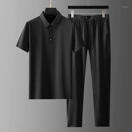 Summer Ice Silk Mens Sets (t-shirt+pants) Luxury Short Sleeve Sport Casual Male Elastic Waist Slim Fit Man Suits 4XL Men's Tracksuits