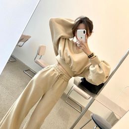 Women's Two Piece Pants South Korea Autumn And Winter Two-piece Wide Leg Trendy Casual Sexy V-neck Short Tops Fashion Suit Haki Colour Outfit