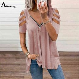 2021 Plus size 5xl Women's T-shirt Hollow Out Sleeve Basic Tops Zipper up Ladies Tees Clothing New Summer Female Loose T-shirt Y0621