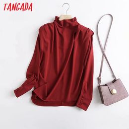 Women Red Stand Collar Shirts Long Sleeve Solid Zipper Elegant Office Ladies Work Wear Blouses 4C61 210416