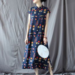 Johnature Women Patchwork Shirt Dress Linen Vintage Cheongsam Summer Short Sleeve Stand Loose Print Floral Women Dress 210521