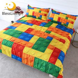 BlessLiving Toy Print Bedding Set Dot Building Blocks Comforter Cover Kids Boy Bed Colourful Bricks Game Bedlinen Wholesale 210615