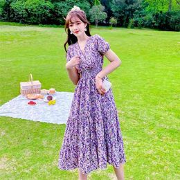 Dresses for Woman Floral Printed Vintage Casual Boho Beach Korean Midi Dress Summer Chiffon Purple Romance Robes 210506