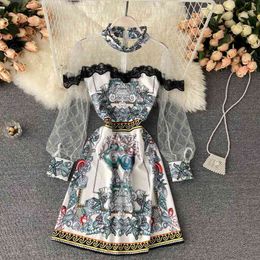 Ladies Dress Spring And Summer Women's Scheming Perspective Mesh Puff Sleeve Slim Short Printed Dress 210515