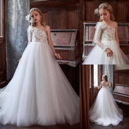 Fashion Sequined A Line Flower Girl Dresses For Wedding Long Sleeves Beaded Toddler One Shoulder Pageant Gowns Tulle Sweep Train First Communion Dress M516