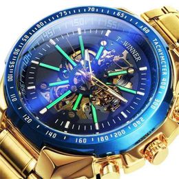 WINNER Official Automatic Mechanical Gold Watch Men Big Case Luxury Fashion Skeleton Luminous Military Business Blue Waterproof 210804