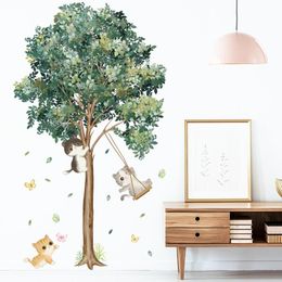 Wall Stickers Cute Swing Kitten Green Tree Decals For Living Room Kids Rooms Bedroom Decor Art Murals Home Decoration