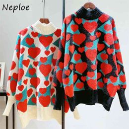Love Heart Half Turtleneck Sweater Women All-match Femme Knitted Pullover Autumn Winter Fashion Chic Top 1F586 210422