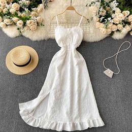 Summer Dress White Beach Style Women Dreses Spagheeti Strap Sleeveless Slim Elastic Waist Vacations Party Long 210603