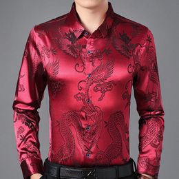 Dragon Pattern Shirt Men Metallic Shinny Imitation Silk Long Sleeve Dress Mens Shirts Casual Business Brand Camisa Chemise Homme 210524