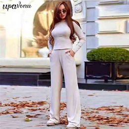 Free Women's Knitted Sweater Set Stand Collar Long Sleeve Short Pullover & Straight Pants Casual Two-piece 210524