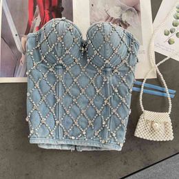 Fashion heavy industry rhinestone denim tube top three-dimensional cup slim fit Denim wrapping inside and outside wear tops 210420