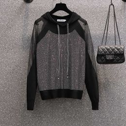 plus size women fashion Diamond Oversized sweater hooded neck sexy hollow out sleeve kint sweaters pullover jersey mujer 210604