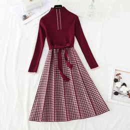 Chic Knit Sweater Women Plaid Stand Long Sleeve Button Midi Thick Warm Autumn Winter Female Office Lady Lace-Up Dress 210416