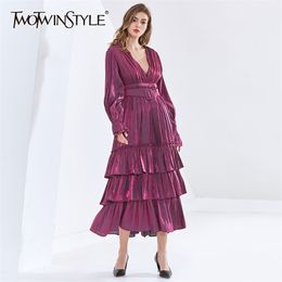 Elegant Patchwork Ruffle Dress For Women V Neck Long Sleeve High Waist Sashes Midi Dresses Female Fashion 210520