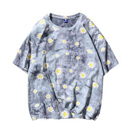 Women Pink Gray Blue Black Dyeing Floral Print Little Daisies O-neck Tees Oversize T-shirt Casual Female Summer B0787 210514