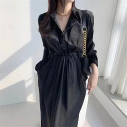 SHENGPLLAE Minimalist Shirt Dress Women's Spring Stand Collor Loose Single Breasted Lace Up Waist Mid-claf Dresses 5C24 210427