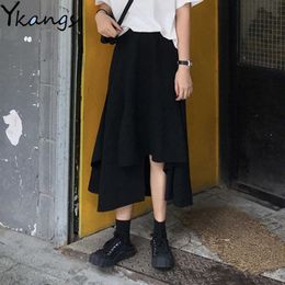 Summer Women Black Irregular Midi Skirt Female Vintage Gothic Asymmetrical Long Pleated Skirt Girls Party Club Streetwear 210619