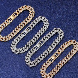 New Fashion Luxury 12mm Iced Out Cuban Link Chain Bracelet for Women Men Gold Silver Colour Bling Rhinestone Bracelet Jewellery Q0719