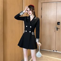 Spring Autumn Women's Dress Korean Style Stitching Suit Collar Double Breasted Slimming Long Sleeve es GX707 210507