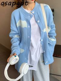 Sweater Japan Style Chic Fashion Loose Autumn Winter O Neck Long Sleeve Blue Sky White Clouds Print Knitted Cardigan Jacket 210610