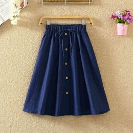 High Waist Skirt Casual Striped Bow Denim Women Solid Color Long Skirt Female Elegant Big Hem Casual Button Jean Skirt 210419