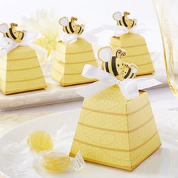 christening boxes wholesale UK - 50pcs lot baby shower favor candy box Baptism Christening Birthday Gift honey bee box with bow tie party decoration Y0305