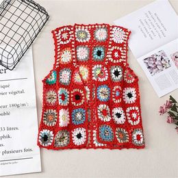 Floral Crochet Knitted Vest Women Summer Womens Retro Sleeveless Jacket Cardigan Boho Bohemian Beach Embroidery Waistcoat 211120